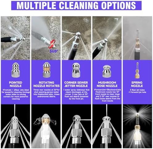 NIFUAL 50FT Sewer Jetter Kit for Pressure Washer, 5800PSI Pressure Drain Cleaner Hose 1/4 Inch NPT Corner, Rotating and Button Hose Sewer Jetting Nozzle Waterproof Tape Pearl Corsage Pin Spanner Glove - Image 4