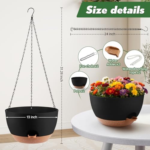 13-inch Oversized Hanging Planter Set of Two,Planters for Indoor and Outdoor Plants.Place Plant pots Across Diverse Settings Including windowsills,Living Room,and Gardens.Black-Brown - Image 3