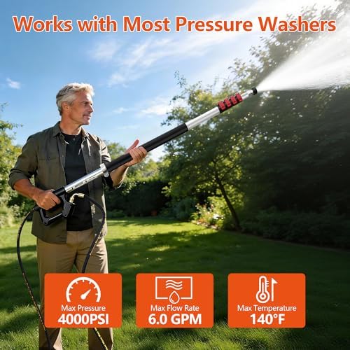 Telescoping Pressure Washer Wand 24 ft Power Washer Extension Wand Aluminum Pressure Washer Extension Wand 24 Feet with Brush Head, Gutter Cleaner, 7 Spray Nozzle Tips, 2 Hose Adapters, Support Belt - Image 4