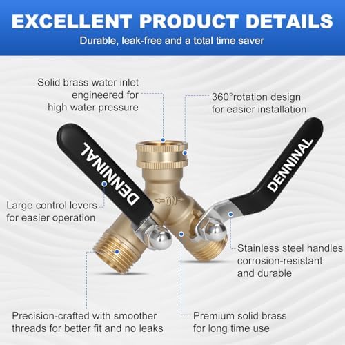 Garden Hose Splitter, Brass Hose Splitter 2 Way Heavy Duty, Leakproof Water Spigot Splitter with Stainless Steel Long Handle, Durable All-Metal Y Adapter with Shut-Off Valve, 3/4 GHT Splitter - Image 5