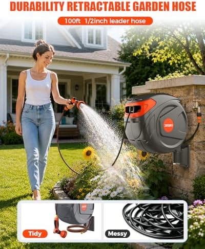 100FT Retractable Garden Hose Reel 1/2 Inch, Wall Mounted Heavy Duty Water Hose with Auto-Lock, Slow Return, 180° Swivel Bracket & 9-Pattern Spray Nozzle, UV Resistant Outdoor Hose Storage System - Image 2