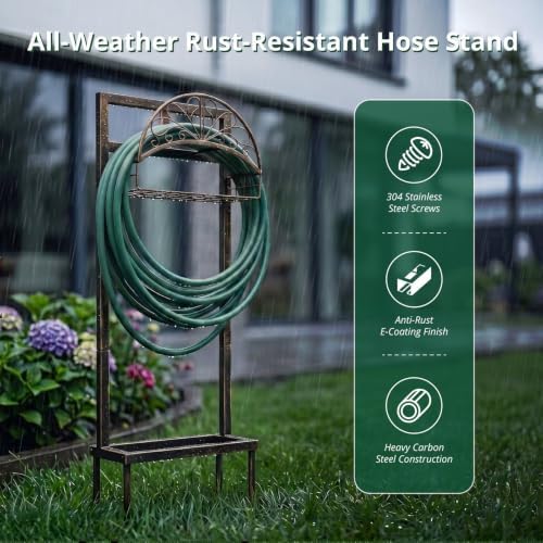 Bronze Garden Hose Holder Stand, Heavy Duty Freestanding Steel Water Hose Storage Rack with 4 Anchor Spikes and Storage Basket Waterproof Stable Organizer for Yard Lawn Garden Farm Outdoor Spaces - Image 7