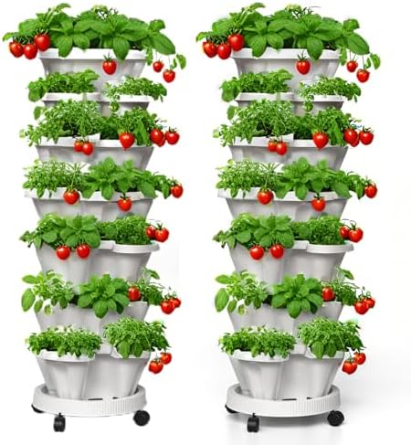7 Tiered Strawberry Planters 2 Pack, Vertical Stackable Planter, Herb Stacking Tower Garden, Flower and Vegetable Planters with Support Pole Indoor & Outdoor with Removable Wheels - White by Lykvrii