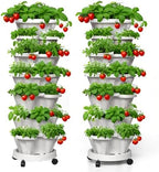 7 Tiered Strawberry Planters 2 Pack, Vertical Stackable Planter, Herb Stacking Tower Garden, Flower and Vegetable Planters with Support Pole Indoor & Outdoor with Removable Wheels - White by Lykvrii