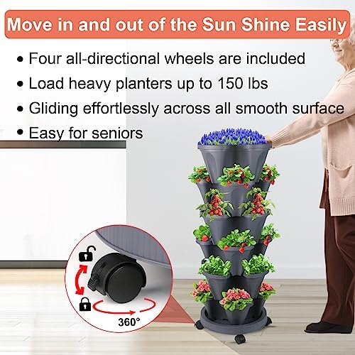 DUNCHATY Stackable Planter, Vertical Strawberry Planter with Garen Tool Set, Self Watering Garden Planter Indoor/Outdoor 7 Tier Herb Planter Pots for Growing Vegetables and Succulents, Dark Gray - Image 5