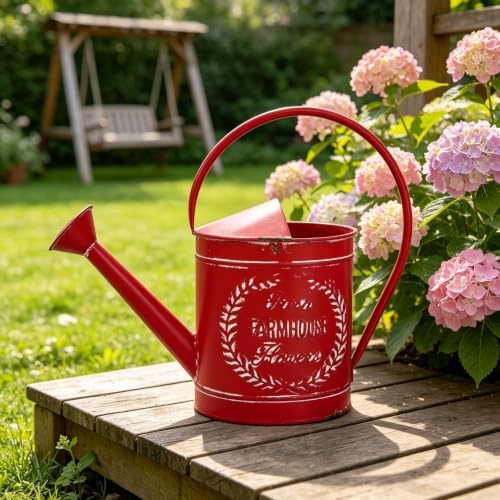 Vintage Metal Watering Can with Fresh Farmhouse Flowers Emboss Garden Distressed Red Decorative Watering Pot Farmhouse Waterer for Home Garden Balcony Courtyard Christmas Decor (Red) - Image 5