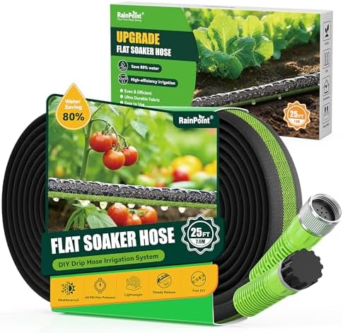RAINPOINT 25FT Flat Soaker Hose, Flexible & Heavy-Duty Drip Hose with Anodized Aluminum Fittings, 80% Water-Saving Double Layer Gardening Irrigation Hose, Green by RainPoint
