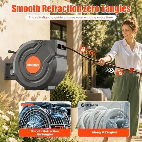 115FT Retractable Garden Hose Reel 5/8 Inch - Heavy Duty Wall Mounted Retractable Hose Reel with 9-Pattern Nozzle, 180° Swivel Auto Rewind, Any Length Lock Water Hose Reel for Yard Garden Car Washing - Image 3