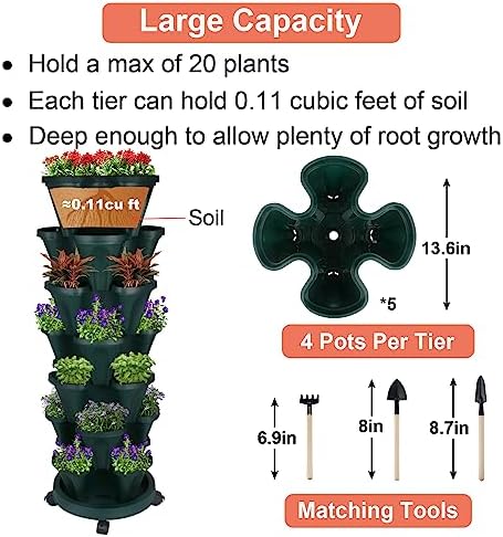 GameXcel Vertical Planter Tower - 7 Tier Stackable Garden Planters with Wheels and Tools Plant Pots for Strawberry Herb Flower and Vegetable Indoor Outdoor Use Green - Image 5
