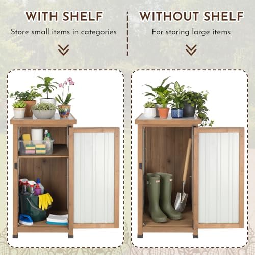 Ketive Outdoor Storage Cabinet with Metal Worktop, Small Garden Storage Cabinet with Adjustable Shelf, Weather-Resistant Fir Wood Tool Organizer for Patio, Backyard, Porch or Balcony - Image 6