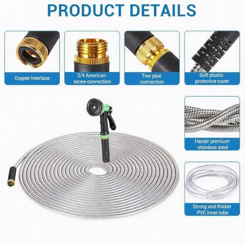 50FT Heavy‑Duty Stainless Steel Garden Hose with Spray Nozzle - Image 3