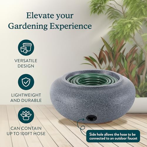 HC Companies Versatile 21 Inch Round Natural Decorative Plastic Outdoor Garden Hose Storage Pot with Side Hole for Faucet Connection, Granite - Image 2