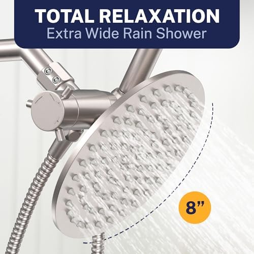 HammerHead Showers® Solid Metal Dual Shower Head Combo – BRUSHED NICKEL – 8 Inch Rainfall High Flow Shower Head & Handheld Shower Head High Pressure with Hose 6ft - Hotel-Like Double Shower Heads - Image 5
