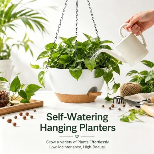 12 Inch Self Watering Hanging Planters 2 Pack, White Brown - Image 4