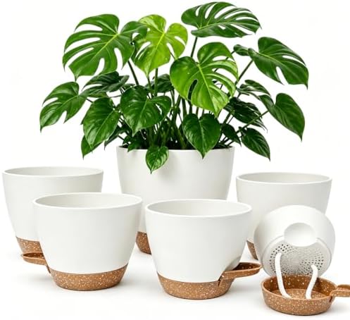 Plant Pots for Indoor 9/8/7/6.5/6/5 Inch, Self Watering Planter Pots with Drainage Holes and Saucers, 6Pcs Plastic Flower Pots for Indoor & Outdoor Plants（White） by Unknown