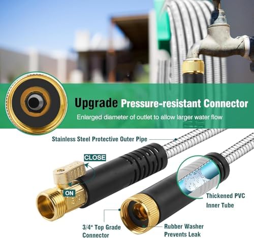 200Ft Metal Garden Hose durable stainless steel Water Hose, flexible, lightweight hose is resistant to kinks and tangles.With 10-way nozzle, strong 3/4” metal fittings, and a Stop Valve. - Image 2