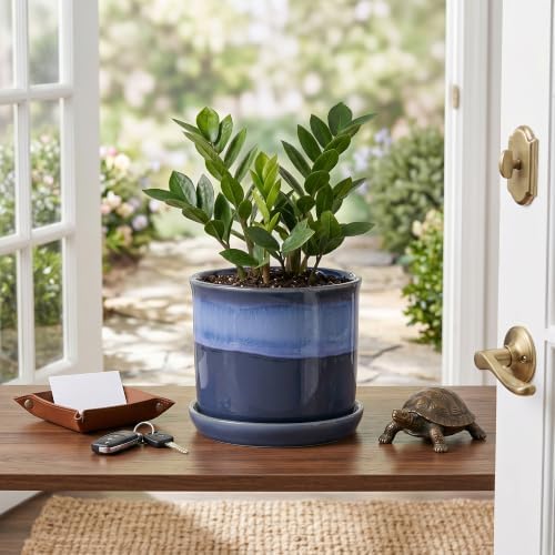 5.8 Inch Plant Pot: Ceramic Planter with Drainage Hole & Saucer - Flowerpot for Indoor & Outdoor Plants with Separate Tray for Home & Office - Blue - Image 4