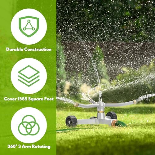 2 Pcs Metal Rotary Lawn Sprinkler 3 Arm Heavy Duty 360 Degree Automatic Revolving Whirling Water Sprinkler with Wheeled Base for Lawn Yard Garden Backyard, Cover up to 538 sq ft (Grey) - Image 5