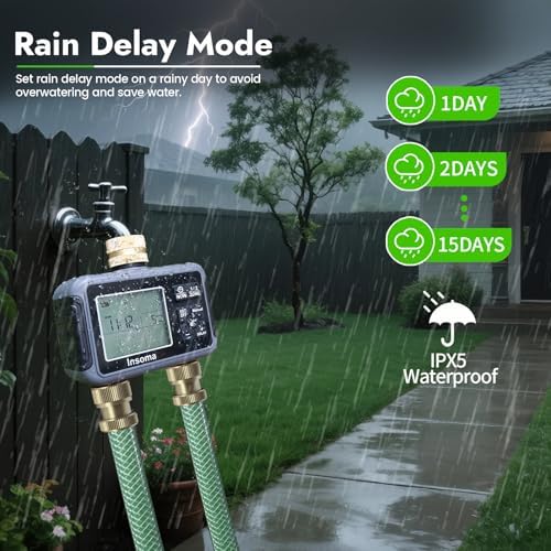 Insoma Water Timer with Brass Inlet, 2 Independent Zones Outdoor Hose Timer for Garden Faucet with Auto/Manual/Rain Delay Mode, Sprinkler Irrigation Timers for Yard Lawn - Image 3