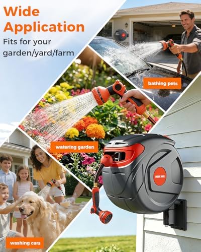 Retractable Garden Hose Reel 1/2 Inch 90FT Wall-Mounted 180° Swivel 9-Patern Nozzle Automatic Slow Return Any Length Lock Hose Reels for Homeowners Garden Farm - Image 3