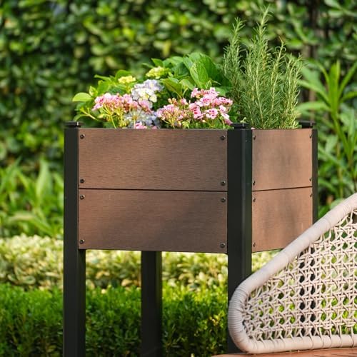 IDEALHOUSE 19.37"x19.37"x33.46" Raised Garden Bed, HDPE Elevated Planter Box with Sturdy Aluminum Frame, Wood Grain Outdoor Planter with Storage Shelf for Patio, Balcony, Lawn - Image 6