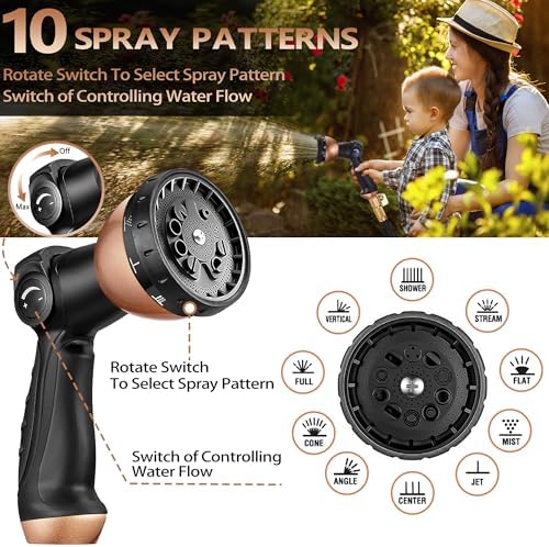 Garden Hose 50FT, Lightweight Flexible Water Hose, 5/8" Kink Free Leak Proof Hose, Heavy Duty 96-Layer Woven with 3/4" Brass Fittings, 10 Function Nozzle for Yard Lawn Outdoor Car Wash(BlackRosegold) - Image 6
