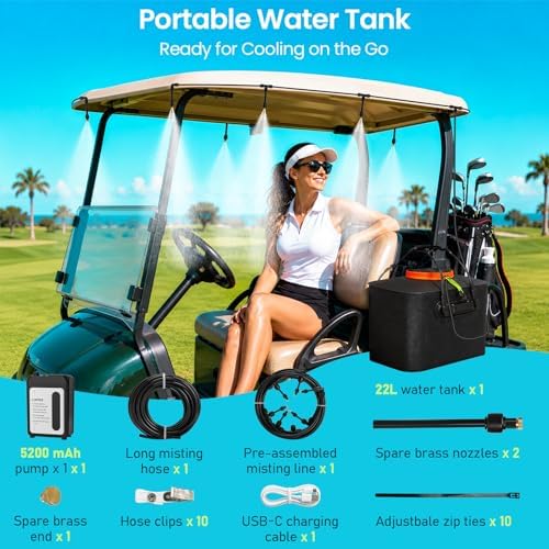 MIXC Portable Misting Systems, Outdoor Water Cooling Misters Set with 5200mAh Water Pump, 5.8GAL/22L Bucket, 36FT(11M) Hose, 8*Adjustable Brass Nozzles for Patio/Umbrella/Golf Cart/Canopy/Camping - Image 3