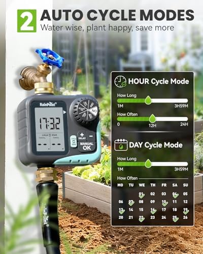 RAINPOINT Sprinkler Timer for Garden Hose - Hose Timer with Cycle & Soak/Rain Delay/Automatic Watering/Manual Watering, Programmable Irrigation System with Large Display, Brass Inlet & Outlet - Image 6