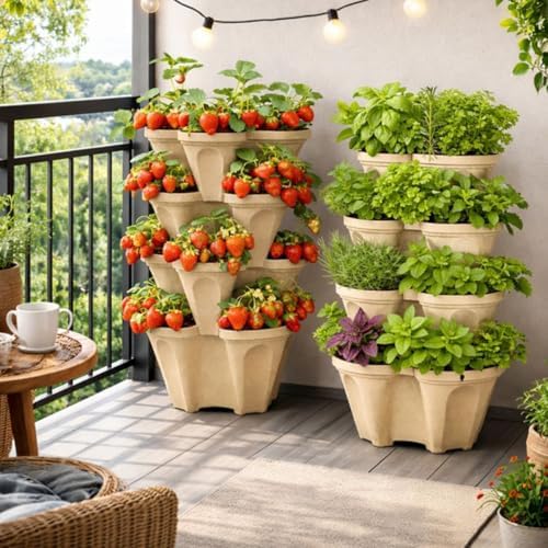 Large Vertical Planter Tower, 4 Tier Stackable Garden Planter, 28 Plant Sites, Heavy Duty Strawberry Planter, Vertical Growing System with Center Hole, Made in USA (Desert Sand) - Image 3