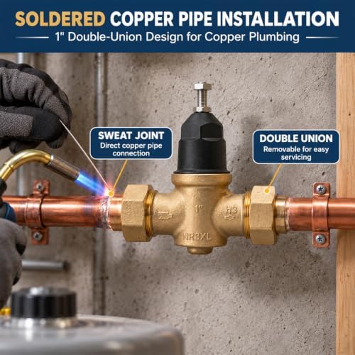 Upgraded 1" Brass Pressure Reducing Valve，Water Pressure Regulator for home with Double Union FNPT Connection - Stainless Steel Strainer Screen (Double Union Copper Sweat) - Image 2