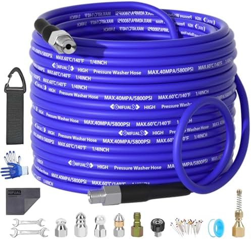 NIFUAL 50FT Sewer Jetter Kit for Pressure Washer, 5800PSI Pressure Drain Cleaner Hose 1/4 Inch NPT Corner, Rotating and Button Hose Sewer Jetting Nozzle Waterproof Tape Pearl Corsage Pin Spanner Glove by PressureWasherAccessories