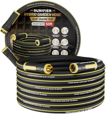 Hybrid Rubber Garden Hose 5/8 Inch, 50 ft Heavy Duty Kink-Free Water Hose, 3-Layer Reinforced, 600 PSI Burst Pressure, Water Safe, All-Weather Flexible Hoses for Yard, Lawn (Black,50 ft) by Sunifier