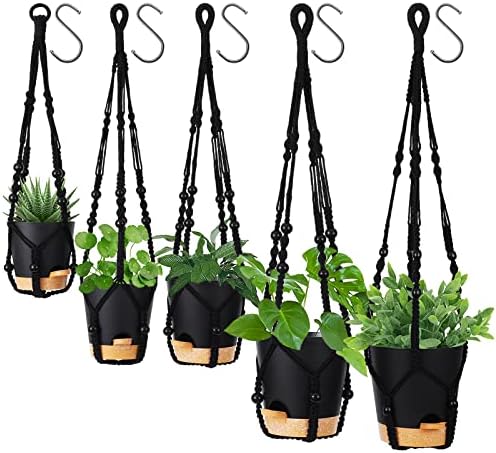 GARDIFE Hanging Planters for Indoor Plants,5Pcs Hanging Basket for Indoor Boho Home Decor,Macrame Plant Hanger,35 Inches,29Inch,23Inch, Ivory,Self Watering Planters, 7/6.5/6/5.5/5 Inch,Black&Black by GARDIFE