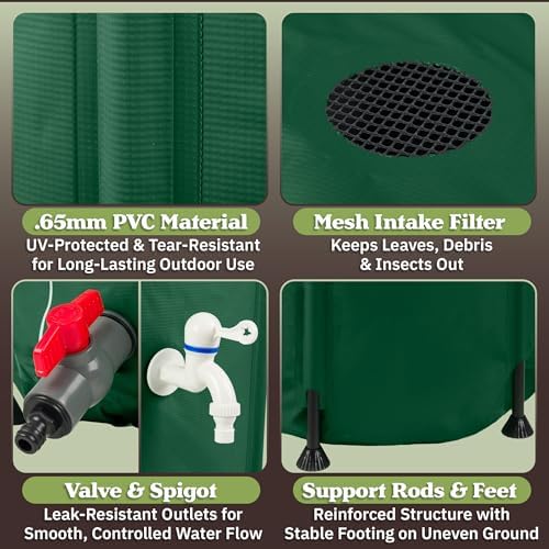 Collapsible Rain Barrel Kit - 100 Gallon / 380 L Portable Collapsible Water Container Tank - PVC Rain Collection System with Filter, Spigot, Outlet Valve, Overflow Tap and Hose by Pure Garden (Green) - Image 3