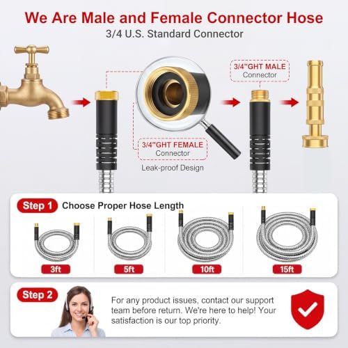 Lefree 15FT Stainless Steel Short Garden Extension Hose, Lightweight Anti-Kink Leakproof Water Hose with Upgraded Rubber Sleeve, for Small Backyard, RV Camper, Balcony Gardening & Hose Reel Lead-In - Image 3