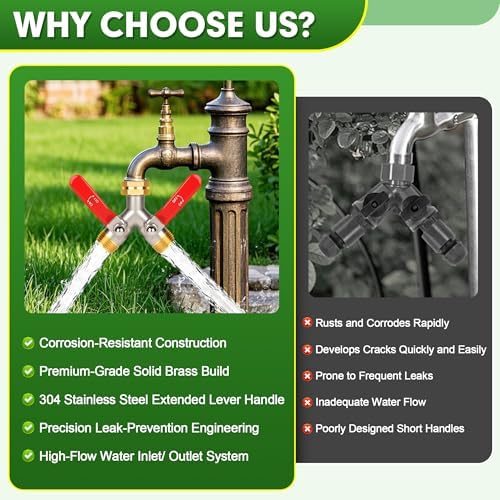 Hose Splitter 2 Way, High Flow Garden Hose Splitter, 3/4” Ght Inlet Brass Heavy Duty Hose Converter, Full Flow water 2 Way Faucet hose splitter, Long Handle Hose Valve Large Outlet. - Image 6