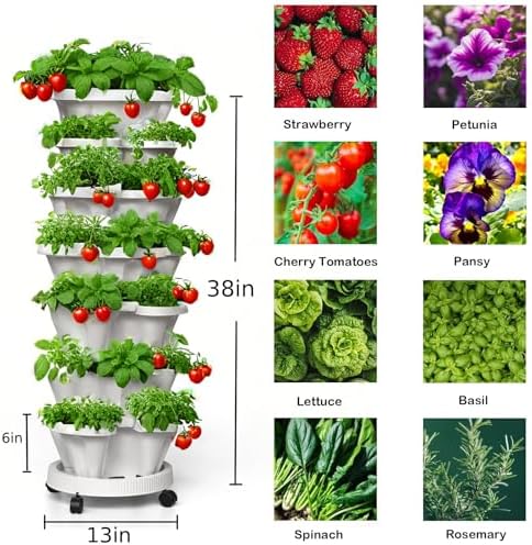 Strawberry Planters, 7 Tiered Vertical Stackable Planter, Herb Stacking Tower Garden, Flower and Vegetable Planters with Support Pole Indoor & Outdoor with Removable Wheels - Dark Grey - Image 5