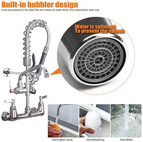 MSTJRY Commercial Faucet with Sprayer 20" Height, 8" Center with 8" Spout Commercial Wall Mount Kitchen Sink Faucet Pre Rinse Sprayer,for 1/2 Compartment Sink (Polished Chrome,Brass) - Image 6