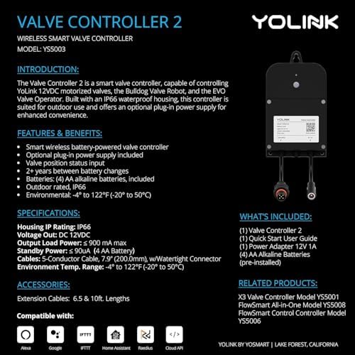 YoLink Wireless Smart Valve Control Kit, NSF Certified 1" Stainless Steel Motorized Valve, Wireless Controller 2, LoRa Long Range, D2D Offline with Leak Sensors, 2 Years Battery backup - Image 3