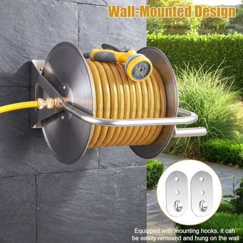Heavy Duty Stainless Steel Garden Hose Reel Wall Floor Mountable Water Hose Storage Organizer with 6.5FT Leader Pipe for Backyard Garage Lawn Watering - Image 2