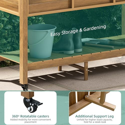 YITAHOME Raised Garden Bed HDPE, 47x18x31In Raised Flower Bed Poly-Wood Weather-Resistant Elevated Planter Box with Lockable Wheels & Storage Shelf for Vegetable Flower, Brown - Image 4