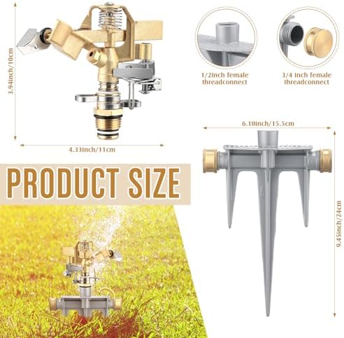 Blushtier 2 Pack Brass Impact Sprinklers for Yard Adjustable Lawn Sprinkler with Heavy Duty Brass Head and Aluminum Spike Base Tape Lawn Equipment for Large Area Yard Patio Garden Irrigation - Image 2