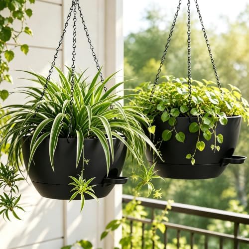 12" Self Watering Hanging Planters with Chains, Black, 2 Pack - Image 5