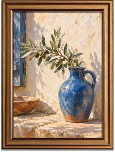 Blue Ceramic Jug with Olive Branches Gold Framed Poster for Entryway Art by Unknown