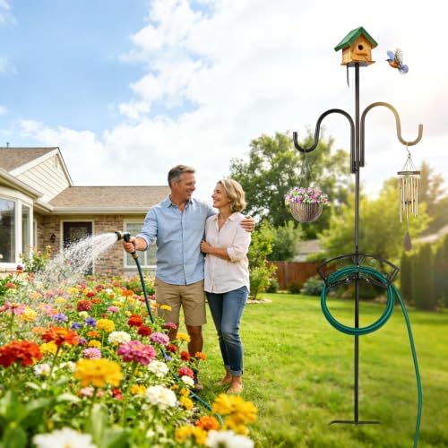 Upgraded Garden Hose Holder, Freestanding Water Hose Holder, Double Shepherds Hooks for Outdoor, Adjustable Hose Stand with 5 Spikes Heavy Duty Metal Bird Feeder Pole for Outside Yard Lawn - Image 2