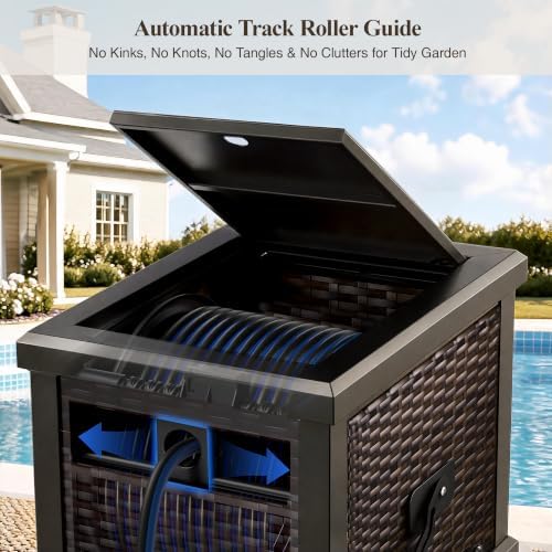 150FT Wicker Rattan Garden Hose Reel Hideaway Storage Deck Box, Metal Frame - Image 5