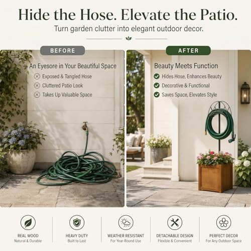 AceOrbit 2-in-1 Garden Hose Holder with Planter Box, Freestanding Heavy Duty Metal Water Hose Stand with Wooden Flower Pot 15.75", Detachable Organizer Rack for Patio Lawn Yard Garden Decor - Image 6