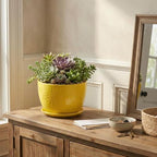 MyGift 7 Inch Yellow Ceramic Planter Pot with Sunburst Design & Saucer - Image 2