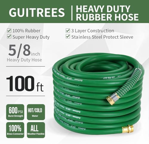 Guitrees 100FT 5/8 Heavy Duty Rubber Garden Hose - 300psi Working, 1000psi Burst - Hot/Cold Water - Five-Layered Braiding for Durability - Versatile for Gardening, Agriculture, Construction(Green) - Image 2