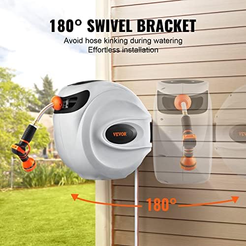 VEVOR Retractable Hose Reel, 65 ft x 5/8 inch, 180° Swivel Bracket Wall-Mounted & Retractable Air Hose Reel, 3/8 IN x 50 FT Hybrid Air Hose Max 300PSI - Image 4